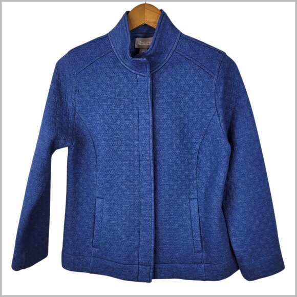 Chicos Size 0 Small Quilted Jacket Cardigan Sweatshirt Blue Snap Up Warm Womens - Picture 1 of 5